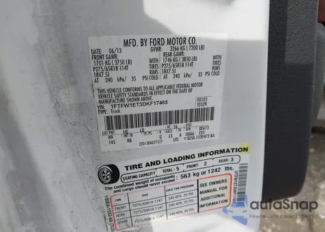 2013 Ford F-150 King Ranch z USA, uszkodzony, nr VIN 1FTFW1ET3DKF17465